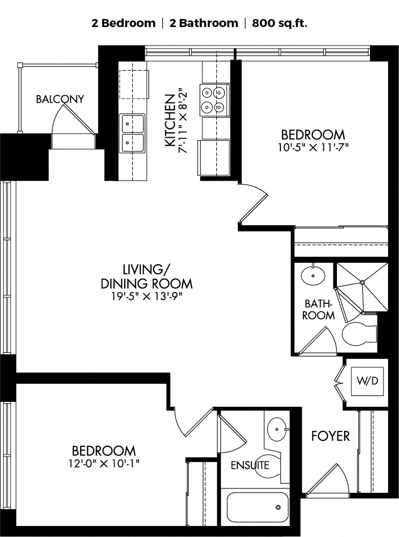 Floor plan for 2 beds, 2 baths, 804 sqft